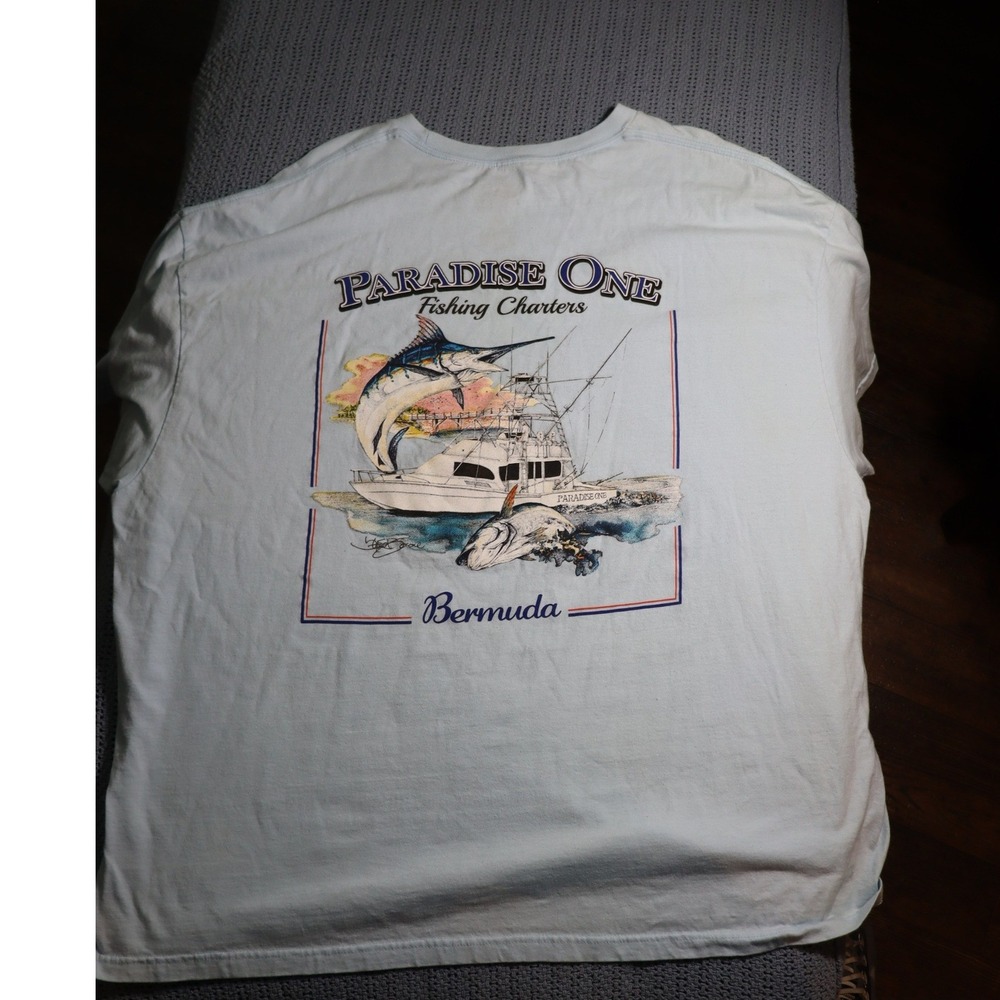 Red Tuna Shirt Club Paradise One Fishing Charters Bermuda Graphic T-Shirt 4XL - Picture 2 of 5